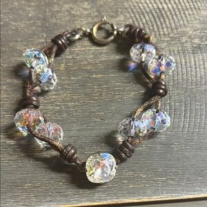 Victoria Lynn - Crystal Bead Leather Cord Bracelet - Clear Iridescent